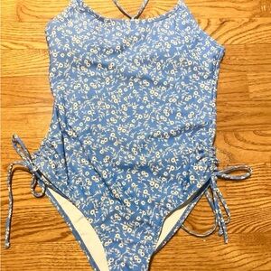 Women’s Blue and White Floral One Piece Swimsuit with Tie Back